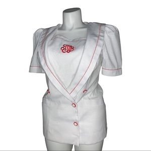 By Gadd! White Button Jacket Top Red Trim Embroidered Euro Chic Sz 12/ L